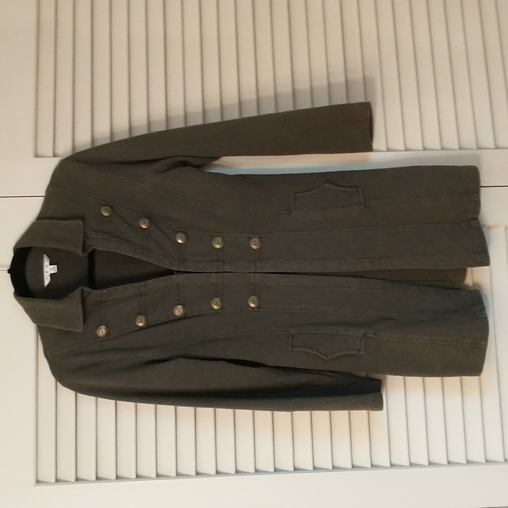 CAbi Olive Green Military-Style Long Cardigan